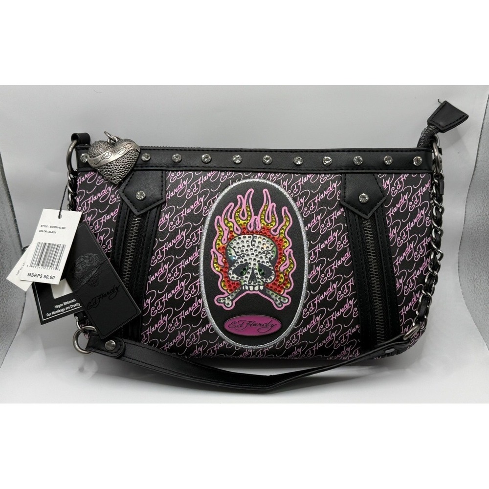 Ed Hardy Crossbody Bag Small Y2K Flaming Skull Rhinestone Tattoo Print Black